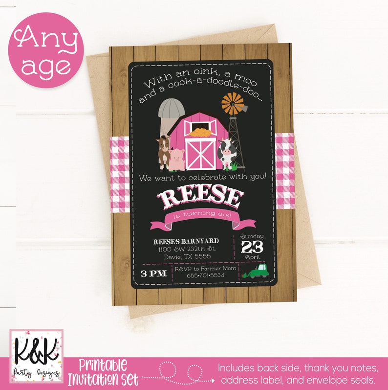 May include: Printable invitation set for a farm-themed birthday party. The invitation features a pink barn with a black chalkboard background. The text on the invitation reads "With an oink, a moo and a cock-a-doodle-doo... We want to celebrate with you! Reese is turning six! Reese's Barnyard 1100 SW 232th St. Davie, TX 5555 Sunday 23 April 3 PM RSVP to Farmer Mom 655-701-5534".