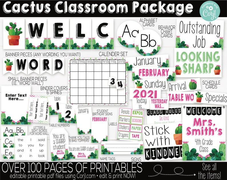 May include: A classroom decor package with a cactus theme. The package includes over 100 printable pages with various classroom essentials such as alphabet cards, behavior charts, table numbers, name tags, and signs. The design features a green cactus with pink flowers and a black and white background.