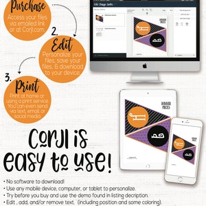 May include: A computer screen shows a design editor with a Halloween banner design. The banner is purple and orange with black polka dots and the text "Banner Pieces". The image also shows a tablet and a phone with the same design. The text "Edit, Download, and Print Now!" is at the top of the image. The text "Corjl is easy to use!" is at the bottom of the image.