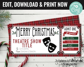 May include: A Christmas-themed theater show ticket with a red and black plaid background. The ticket features the text "MERRY CHRISTMAS" and "THEATRE SHOW TITLE". Includes space for recipient and giver names, date, time, and location.