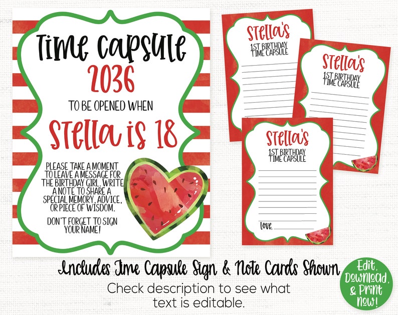 Puede incluir: Un cartel de c&aacute;psula del tiempo imprimible y tarjetas de notas con tem&aacute;tica de sand&iacute;a. El cartel dice "Time Capsule 2036 To Be Opened When Stella is 18". Las tarjetas de notas dicen "Stella's 1st Birthday Time Capsule".