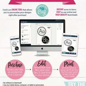 May include: A pink and white graphic with the text "How It Works" and a description of how to use the Corjl online tool to personalize and print designs. The graphic includes images of a computer screen, a tablet, and a smartphone, all showing the same design of alphabet cards with a black and white checkered background and green leaves.