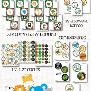 May include: Jungle safari baby shower printable set with a welcome banner, centerpieces, and 1.5" and 2" circles. The set features a variety of jungle animals, including a lion, giraffe, elephant, and monkey. The colors are green, brown, orange, and yellow.