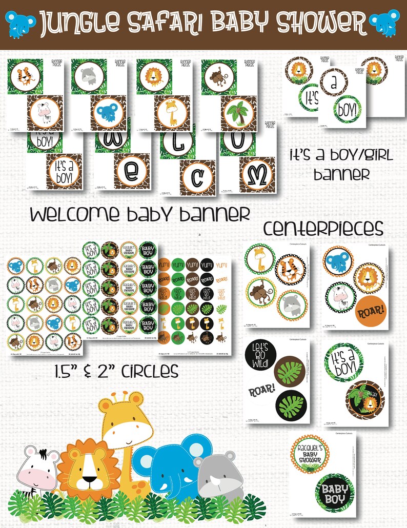 May include: Jungle safari baby shower printable set with a welcome banner, centerpieces, and 1.5" and 2" circles. The set features a variety of jungle animals, including a lion, giraffe, elephant, and monkey. The colors are green, brown, orange, and yellow.