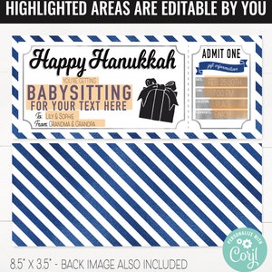 Hanukkah Surprise Babysitting Gift Voucher, Babysitting Gift Printable Template Gift Card, Editable Instant Download Gift Certificate image 2