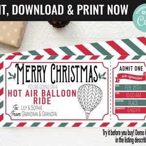 Christmas Surprise Hot Air Balloon Ride Gift Voucher, Balloon Ride Printable Template Gift Card, Editable Instant Download Gift Certificate