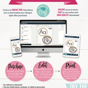 K&ouml;nnte beinhalten: So personalisieren und drucken Sie digitale Designs mit Corjl. Das Bild zeigt einen Computerbildschirm, ein Tablet und ein Telefon, auf denen jeweils ein Beispieldesign angezeigt wird. Der Text auf dem Bild lautet: "Corjl ist ein ONLINE-TOOL, mit dem Sie Ihre Designs direkt nach dem Kauf personalisieren k&ouml;nnen!"  "MIT Corjl PERSONALISIEREN"  "SOFORTIGER Zugriff auf Artikel EINFACH zu bedienendes Online-Tool DOWNLOADS IN HOCHQUALIT&Auml;T"  "Kauf Greifen Sie &uuml;ber einen E-Mail-Link oder auf Corjl.com auf Ihre Dateien zu."  "Bearbeiten Personalisieren Sie Ihre Dateien, speichern Sie Ihre Dateien und laden Sie sie auf Ihr Ger&auml;t herunter."  "Drucken Drucken Sie zu Hause oder verwenden Sie einen Druckservice. Sie k&ouml;nnen sogar per SMS, E-Mail oder Social Media senden."  "TESTEN SIE DIE KOSTENLOSE DEMO"