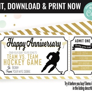 May include: A printable ticket for a hockey game with the text "Happy Anniversary" and "Team vs. Team Hockey Game". The ticket is decorated with gold stripes and has a silhouette of a hockey player.