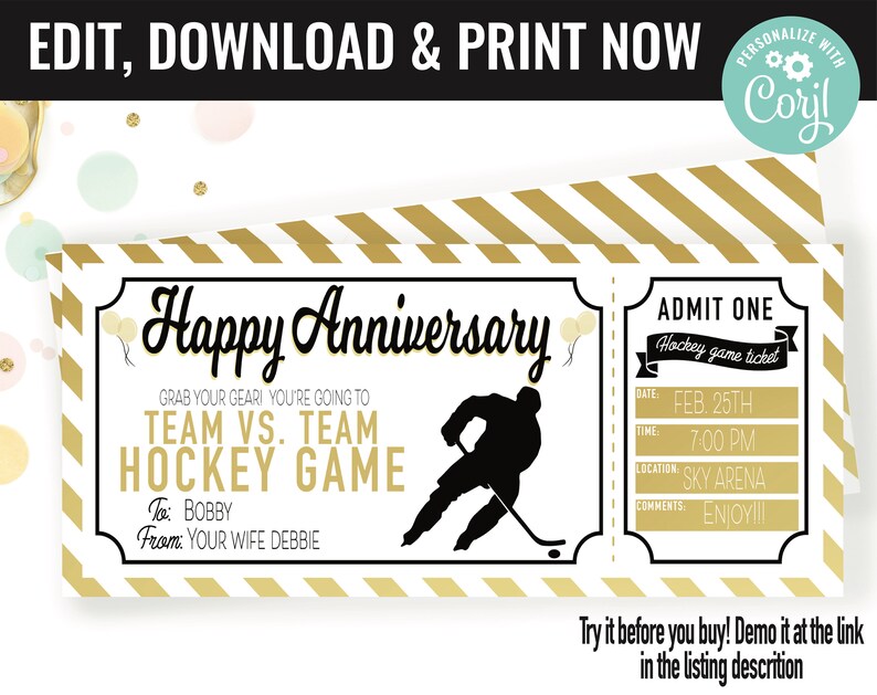 May include: A printable ticket for a hockey game with the text "Happy Anniversary" and "Team vs. Team Hockey Game". The ticket is decorated with gold stripes and has a silhouette of a hockey player.