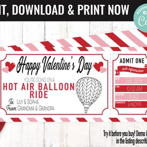 Valentines Surprise Hot Air Balloon Ride Gift Voucher, Balloon Ride Printable Template Gift Card, Editable Instant Download Gift Certificate