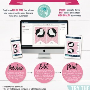 Puede incluir: Una pantalla digital rosa y negra muestra un dise&ntilde;o de banner con tem&aacute;tica de fantasmas. El texto en la pantalla dice "How It Works". El texto "Corjl es una HERRAMIENTA EN L&Iacute;NEA que te permite personalizar tus dise&ntilde;os justo despu&eacute;s de la compra!" tambi&eacute;n es visible. El texto "PERSONALIZA CON Corjl" est&aacute; en un c&iacute;rculo con engranajes. El texto "ACCESO INSTANT&Aacute;NEO a los art&iacute;culos HERRAMIENTA EN L&Iacute;NEA F&Aacute;CIL de usar DESCARGAS DE ALTA CALIDAD" tambi&eacute;n es visible. El texto "Compra Accede a tus archivos a trav&eacute;s de un enlace por correo electr&oacute;nico o en Corjl.com." est&aacute; en un c&iacute;rculo rosa. El texto "Editar Personaliza tus archivos, guarda tus archivos y desc&aacute;rgalos en tu dispositivo." est&aacute; en un c&iacute;rculo rosa. El texto "Imprimir Imprime en casa o utilizando un servicio de impresi&oacute;n. Incluso puedes enviar por mensaje de texto, correo electr&oacute;nico o redes sociales." est&aacute; en un c&iacute;rculo rosa. El texto "PRUEBA LA DEMO GRATUITA" est&aacute; en un rect&aacute;ngulo rosa.