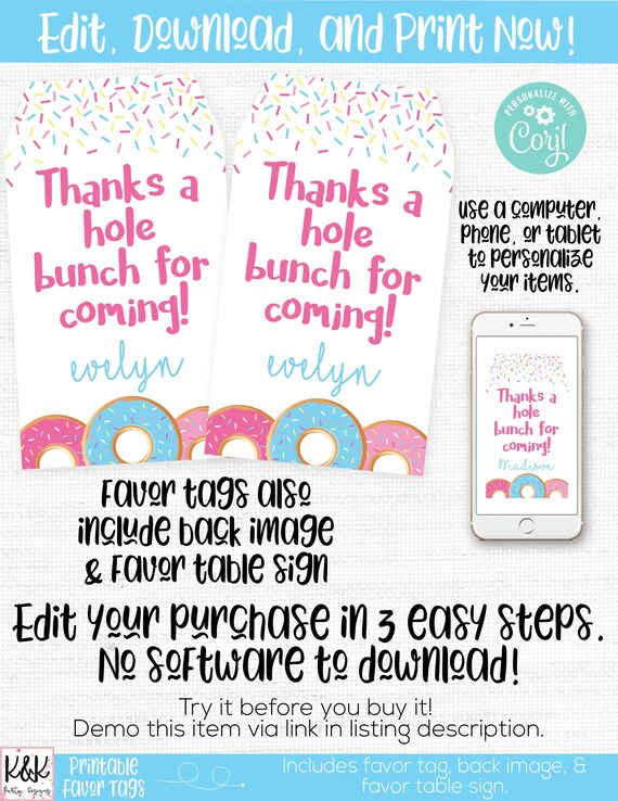 Donut Birthday Party Favor, Donut Favor Tag, Donut Birthday Party Decorations, Donut Thank You, Donut Favor Table, Girls 1st Birthday Il_570xn