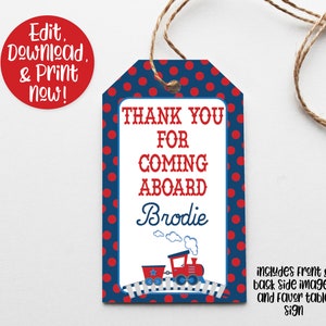 May include: Red and blue polka dot thank you tag with a train illustration and the text "Thank You for Coming Aboard Brodie".