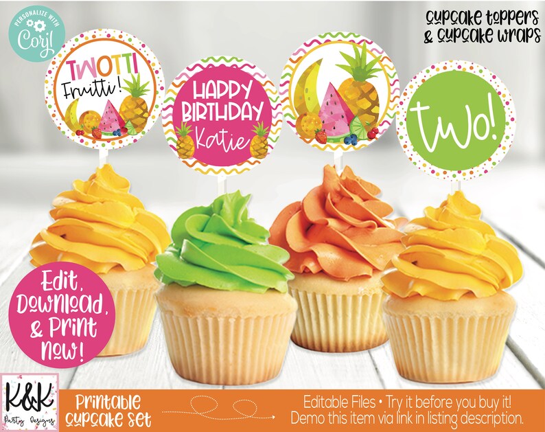 Twotti Fruitti Birthday Party Decorations, Fruit Cupcake Toppers, Tutti Fruitti, Girls Second Birthday, 2nd Birthday, Fruit Party Printable image 1