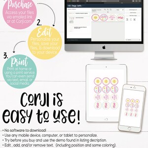 May include: A computer screen shows a website with a pink and yellow sun design. The website is called "Corjl" and it says "easy to use!" The text on the screen says "Sunshine Cupcake Toppers". A phone screen shows the same design in a smaller size. The text on the phone screen says "Happy Birthday One".