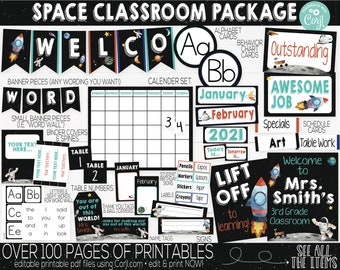 May include: A printable classroom decor package with a space theme. The package includes a calendar, alphabet cards, behavior chart cards, table numbers, name tags, signs, and more. The colors are black, white, red, blue, and green. The text on the image says "Space Classroom Package", "Welcome to Mrs. Smith's 3rd Grade Classroom", "Over 100 Pages of Printables", and "See All The Items".
