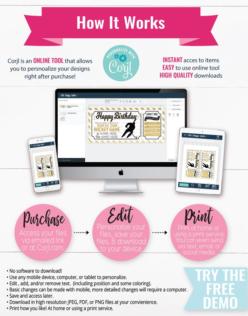 May include: A pink and white graphic showing how to use an online tool to personalize and print digital designs. The graphic shows a computer screen with a hockey-themed birthday ticket design, a mobile phone, and a tablet. The text on the graphic says "Corjl is an ONLINE TOOL that allows you to personalize your designs right after purchase!" and "PERSONALIZE WITH Corjl".