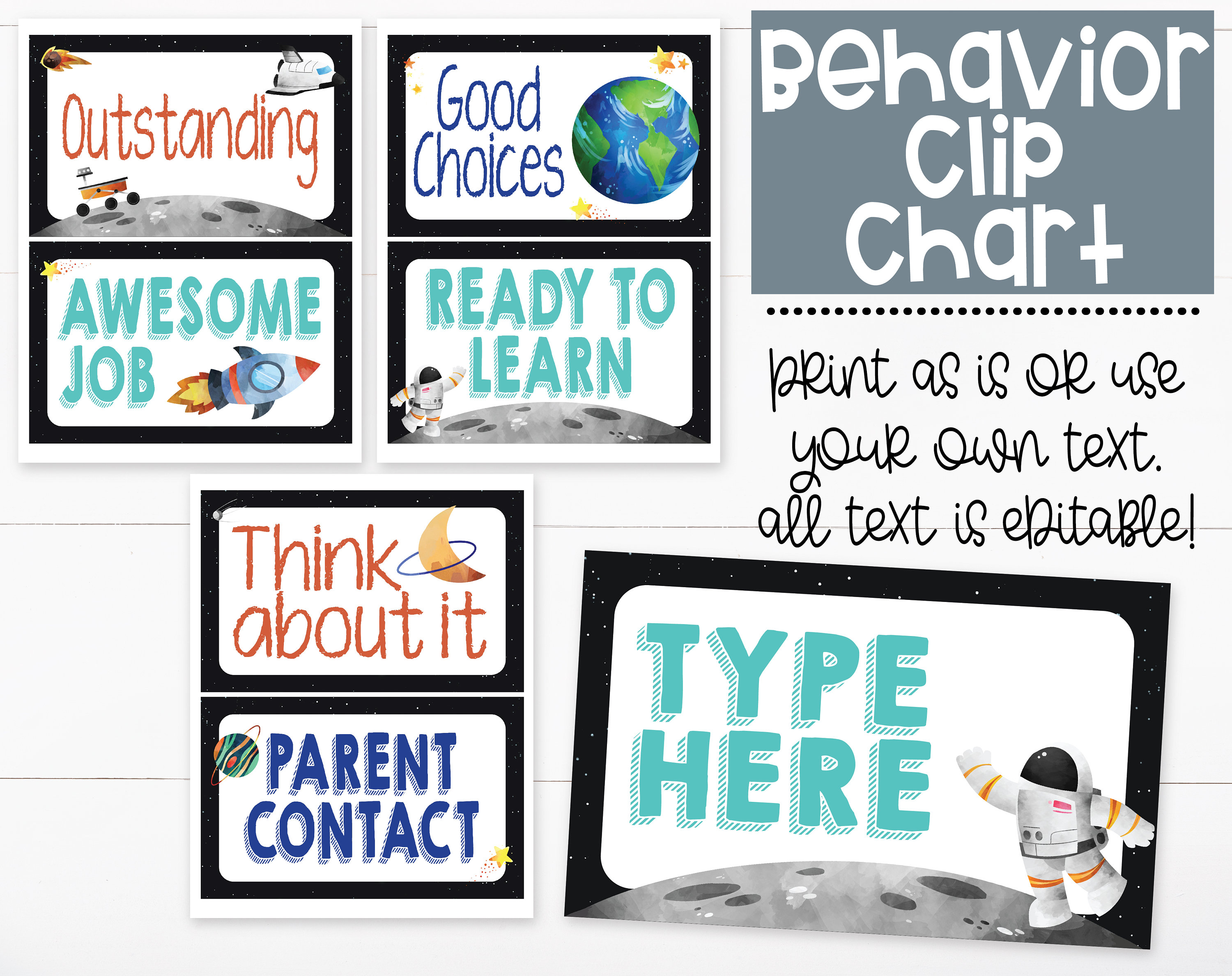 Outer Space Theme Classroom Editable Behavior Clip Chart Printable ...