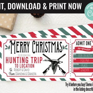Christmas Hunting Trip Ticket Surprise Gift Voucher, Surprise Hunting Trip Printable Template, Editable Instant Download Gift Certificate