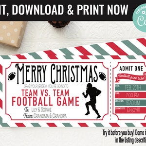 Christmas Football Ticket Surprise Gift Voucher, Football Game Surprise Printable Template Gift Card, Editable Instant Download Certificate
