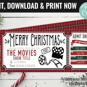 Christmas Movie Ticket Surprise Gift Voucher, Surprise Movie Show Ticket Printable Template, Editable Instant Download, Gift Certificate