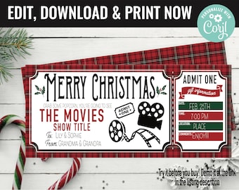 Könnte beinhalten: Ein druckbares Kinokarten-Design in Rot und Schwarz mit Karomuster und dem Text "Frohe Weihnachten" und "Eintritt für eine Person". Die Karte bietet Platz zum Personalisieren mit Datum, Uhrzeit, Ort und Kommentaren. Außerdem ist ein Grafikbild einer Filmrolle und einer Filmkamera abgebildet.