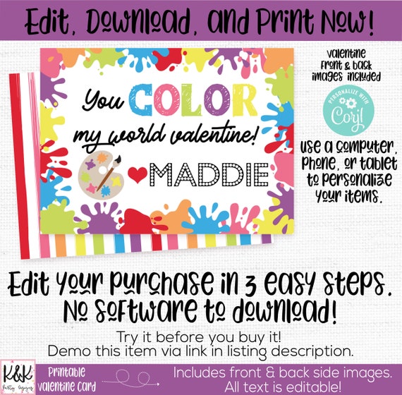 Artwork Printable Valentine Card, Little ones Valentines Working day Card, Yourself graphic regarding You Color My World Printable known as Artwork Printable Valentine Card, Children Valentines Working day Card, On your own