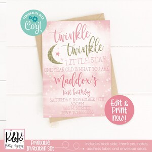 May include: Pink and gold printable invitation set for a first birthday party. The invitation features a watercolor background with stars and a crescent moon. The text reads "Twinkle Twinkle Little Star, One Year Old is What You Are, Maddox's First Birthday, Saturday, November 14th, 3:00 PM, 555 W. Street, RSVP to 555.5555".