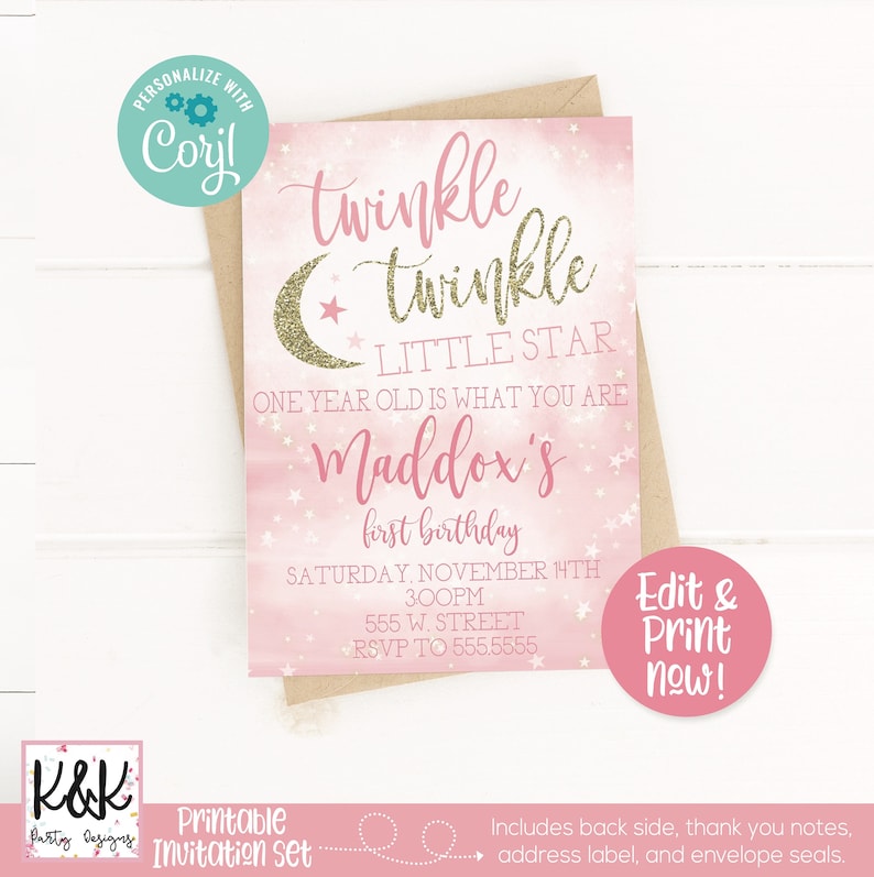 May include: Pink and gold printable invitation set for a first birthday party. The invitation features a watercolor background with stars and a crescent moon. The text reads "Twinkle Twinkle Little Star, One Year Old is What You Are, Maddox's First Birthday, Saturday, November 14th, 3:00 PM, 555 W. Street, RSVP to 555.5555".
