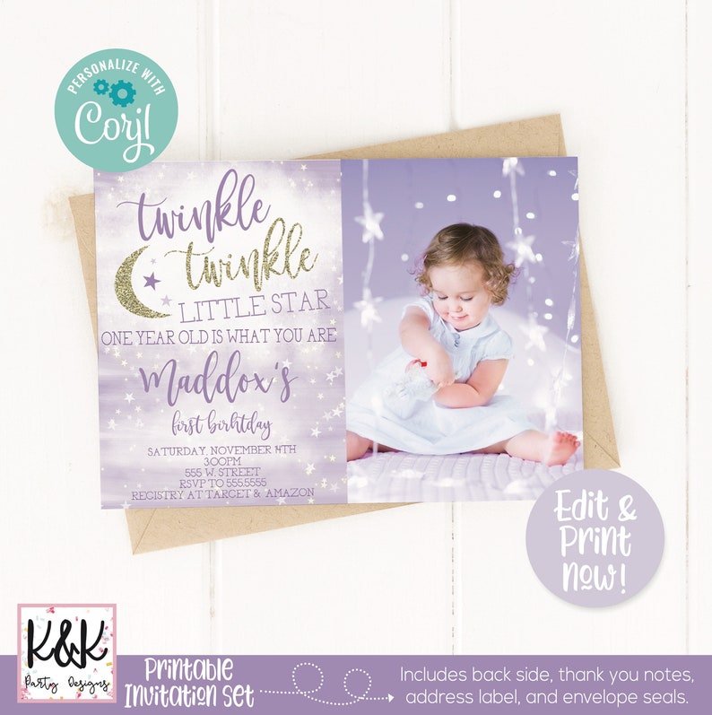 Editable Twinkle Twinkle Little Star Birthday Party Decorations and Invitation, Girls First Birthday, 1st Birthday, Gold Purple Decorations image 5