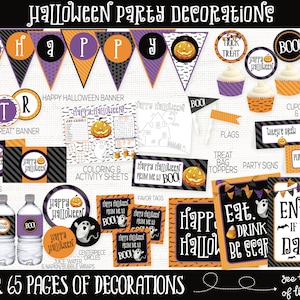 Peut inclure: Un ensemble de d&eacute;corations de f&ecirc;te d'Halloween imprimables en noir, orange et violet. Les d&eacute;corations comprennent des banni&egrave;res, des emballages de cupcakes, des surmatelas pour sacs de friandises, des panneaux de f&ecirc;te et plus encore. Le texte "Joyeux Halloween" et "Des bonbons ou un sort" figure sur plusieurs des d&eacute;corations.