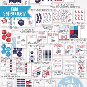 May include: A printable 4th of July party package with red, white, and blue fireworks designs. The package includes cupcake wrappers, party signs, food labels, flags, a color sheet, and more. The text "Red, white & TWO!" is featured on several of the printable items.
