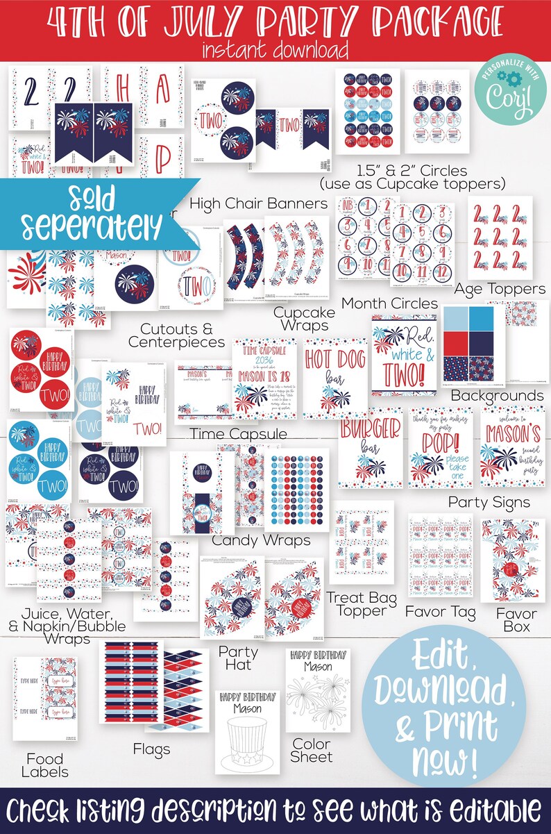 May include: A printable 4th of July party package with red, white, and blue fireworks designs. The package includes cupcake wrappers, party signs, food labels, flags, a color sheet, and more. The text "Red, white & TWO!" is featured on several of the printable items.