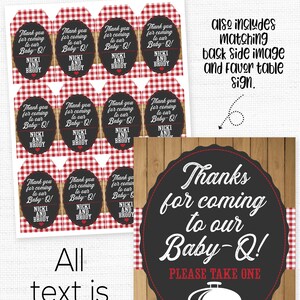 May include: Printable baby shower favor tags with a red and white gingham pattern. The tags feature a chalkboard style design with the text "Thank you for coming to our Baby-Q!" and the names "Nicki and Brody". The tags are accompanied by a larger sign with the same design and text, along with a grill graphic and the words "Please Take One".