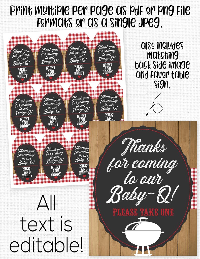 May include: Printable baby shower favor tags with a red and white gingham pattern. The tags feature a chalkboard style design with the text "Thank you for coming to our Baby-Q!" and the names "Nicki and Brody". The tags are accompanied by a larger sign with the same design and text, along with a grill graphic and the words "Please Take One".