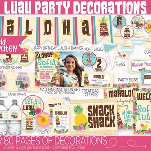 May include: A set of Luau party decorations featuring a variety of items, including banners, cupcake wrappers, treat bag toppers, and signs. The decorations are in a tropical theme with bright colors and images of flowers, pineapples, and tiki figures. The text "Aloha! Sofia is turning 6!" is featured on the invitation.