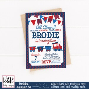 May include: Printable invitation for a child's second birthday party. The invitation features a red, white and blue train with the text "All Aboard!" and "Brodie is turning two".