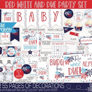 May include: Red, white, and blue baby shower party decorations with a fireworks theme. The set includes banners, cupcake wrappers, food labels, signs, and more. The text "Red, white & due!" is featured throughout the set.