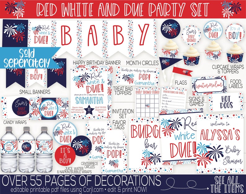 May include: Red, white, and blue baby shower party decorations with a fireworks theme. The set includes banners, cupcake wrappers, food labels, signs, and more. The text "Red, white & due!" is featured throughout the set.