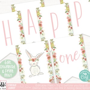 May include: Printable banner with pink floral borders and the words "Happy one" in pink text. The banner also features a white bunny with a floral crown.