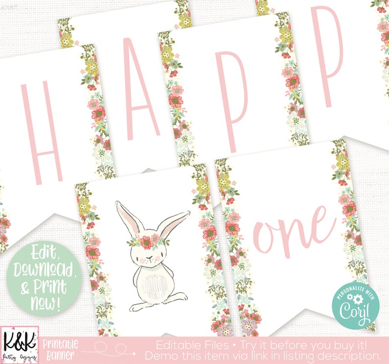 Bunny Birthday Banner, Bunny Birthday Party Decor, Some Bunny is One, Spring Birthday, First Birthday Girl, Shabby Chic, Girls 1st Birthday image 1