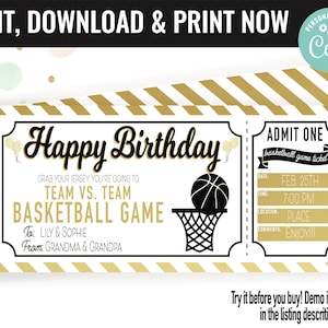 Birthday Basketball Ticket Surprise Gift Voucher, Basketball Game Surprise Printable Gift Card Editable Instant Download Certificate