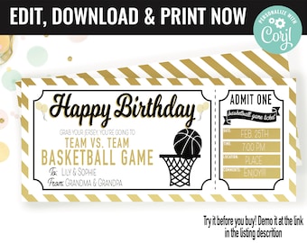 Birthday Basketball Ticket Surprise Gift Voucher, Basketball Game Surprise Printable Gift Card Editable Instant Download Certificate