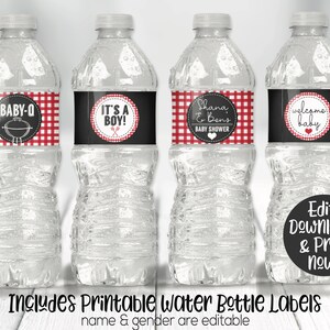 May include: Four printable water bottle labels with a red and white checkered pattern. The labels feature different designs, including a grill, a baby boy icon, a heart, and a welcome baby message. The text "Edit, Download, & Print now!" is also included. The labels are designed for a baby shower.