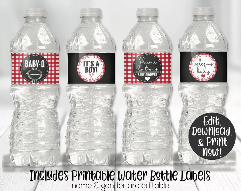 May include: Four printable water bottle labels with a red and white checkered pattern. The labels feature different designs, including a grill, a baby boy icon, a heart, and a welcome baby message. The text "Edit, Download, & Print now!" is also included. The labels are designed for a baby shower.