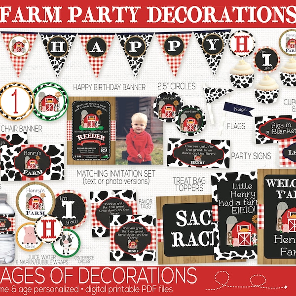 Farm Birthday Party Decorations, Barnyard Birthday Decorations, Farm Animals Decorations, Farm Invitation, First Birthday 1st Birthday
