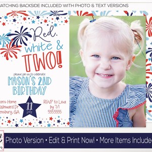 Red White and Two Birthday Party Invitation, 4th of July Birthday invitation, red white and blue, Patriotic Independence Day Birthday, 2nd image 2