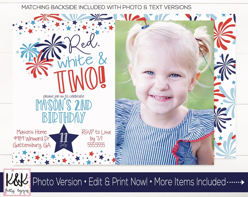 Red White and Two Birthday Party Invitation, 4th of July Birthday invitation, red white and blue, Patriotic Independence Day Birthday, 2nd image 2