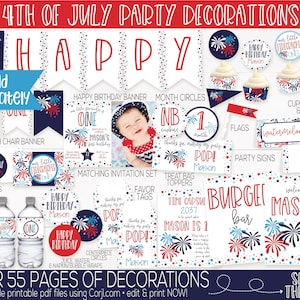 May include: A set of printable 4th of July party decorations for a first birthday party. The decorations feature red, white, and blue colors with a fireworks theme. The text "Happy Birthday Mason" and "Mason's First Birthday Party" are included in the design.