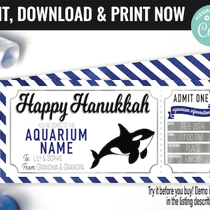 Aquarium Ticket Surprise Gift Voucher, Aquarium Surprise Trip Printable Template Gift Card, Editable Instant Download Gift, Hanukkah Gift